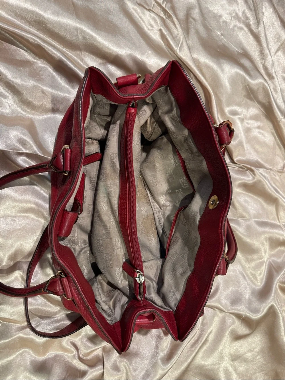 Michael Kors Hamilton Red Pebbled Leather Tote Satchel with Gold Plate